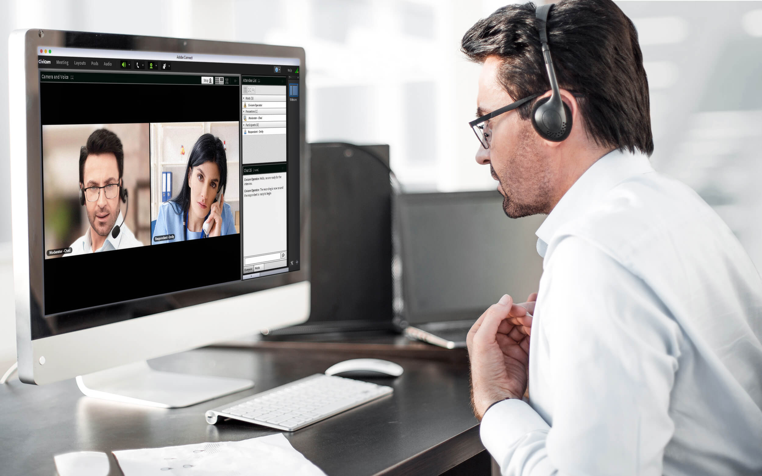 Man conducting an online interview to be transcribed