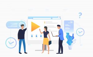 2 males and 1 female employee talking and pointing to a vector illustration of an educational video