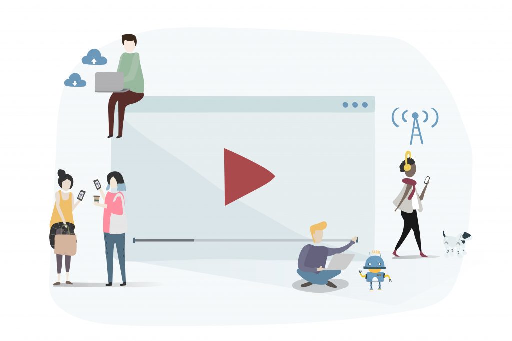 a video player on pause and 4 peope around the video