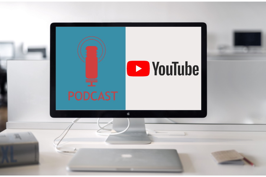 Podcast and Youtube logo displayed on computer screen
