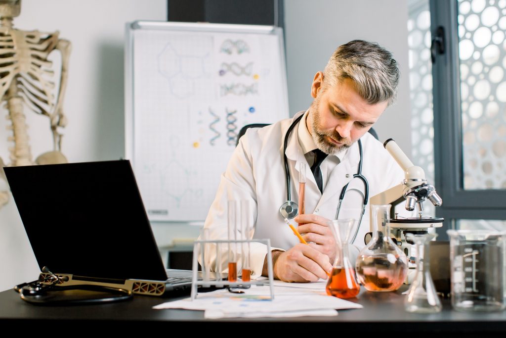 Biotech researcher using transcription services